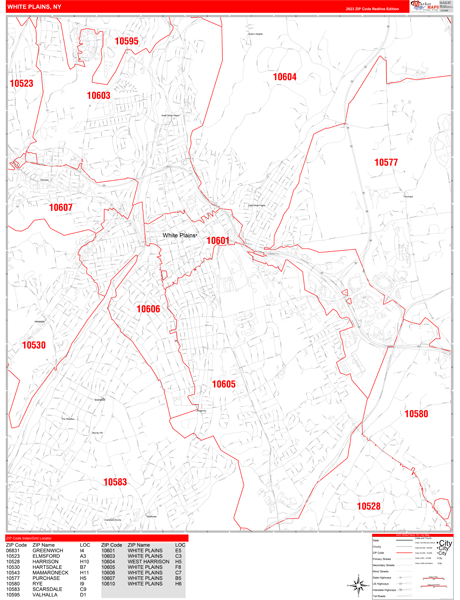 White Plains City Wall Map Red Line Style